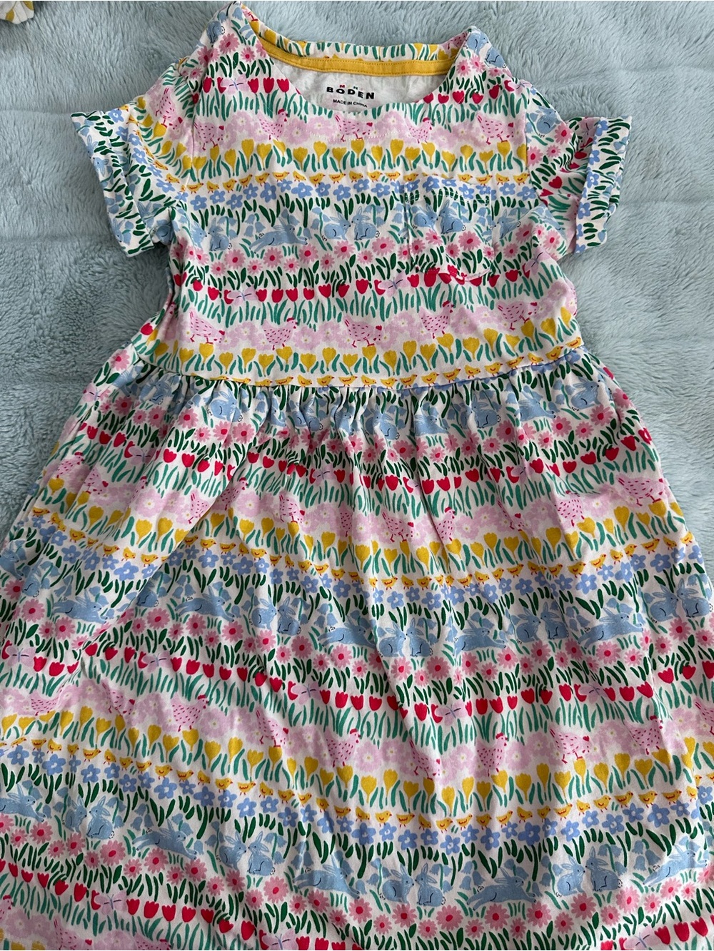 Mini Boden Floral Stripe Cotton Dress in Pink, Yellow & Blue- chickens, flowers